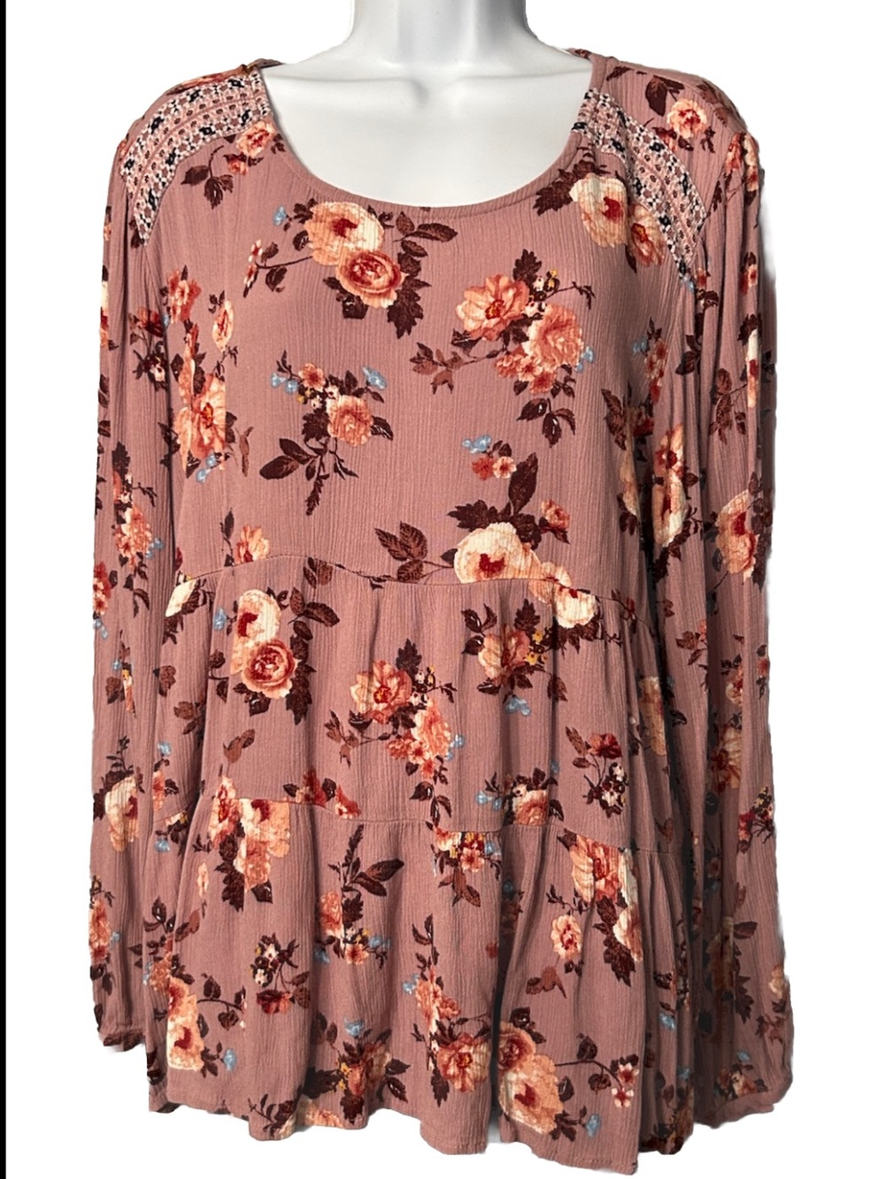 Knox Rose Womens XXL Gauze Floral Print Boho Blouse Keyhole Button Rayon Top